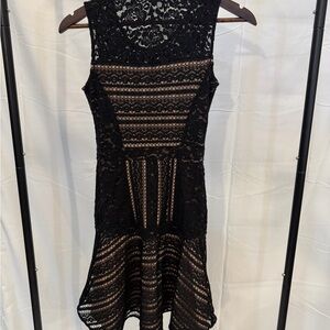BCBGMaxAzria Black Lace Midi Dress with Sheer Paneling
